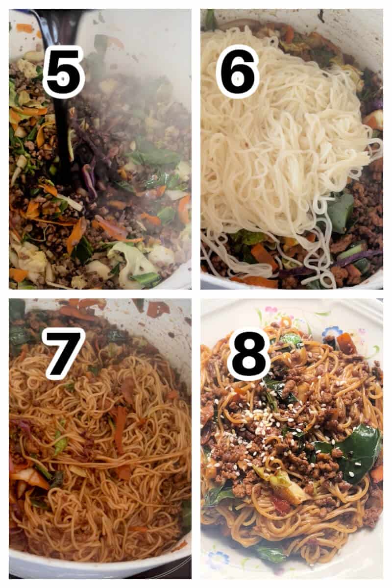 Collage of 4 photos to show how to make noodle stir fry.