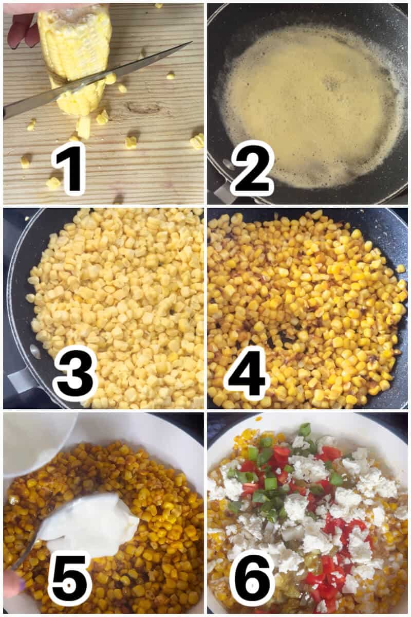 Collage of 6 photos to show how to make corn salad.