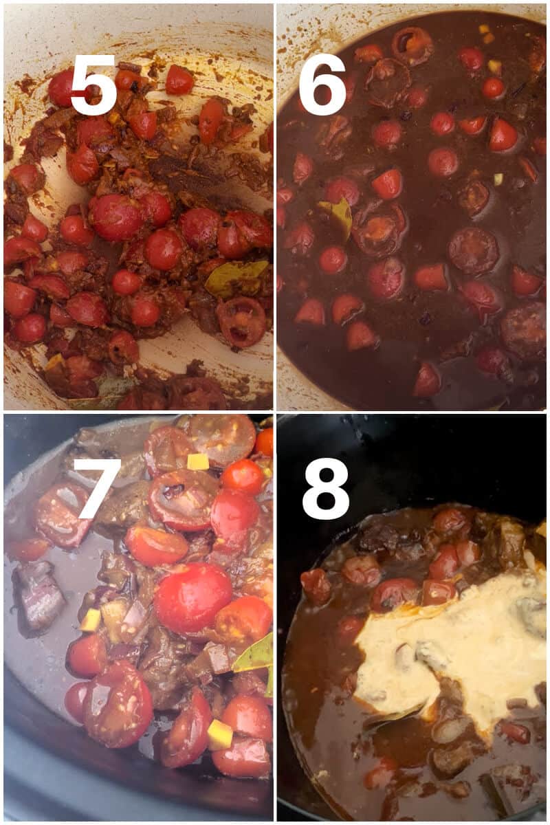 Collage of 4 photos to show how to make beef curry in the slow cooker.