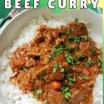 A white bowl with beef curry over a bed of rice.