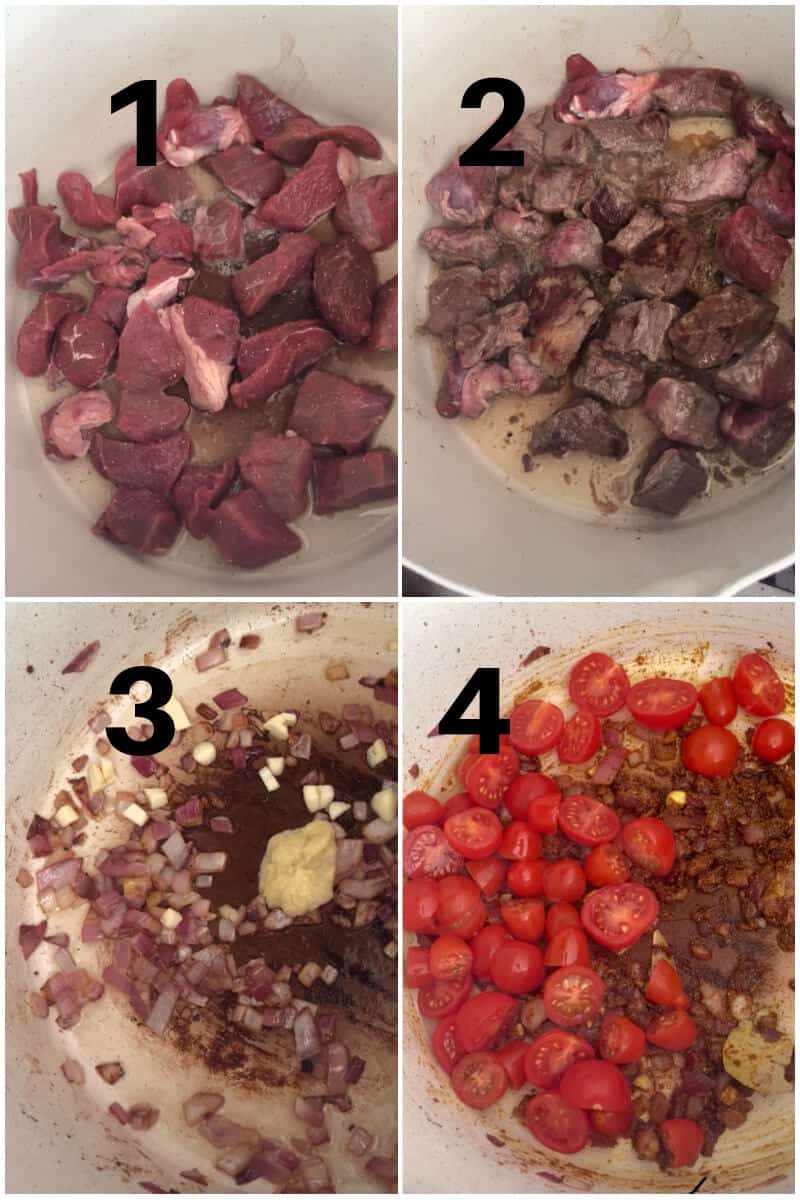 Collage of 4 photos to show how to make beef curry.