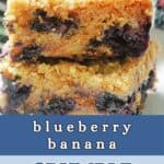 A stack of 2 slices of blueberry banana cake on a white plate.