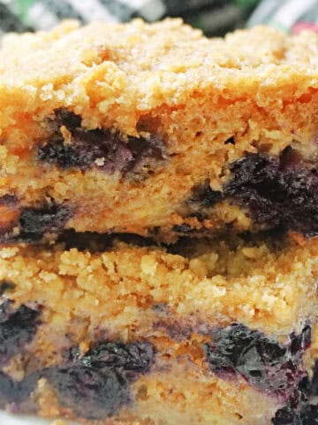 A white plate with a stack of 2 slices of blueberry and banana cake.