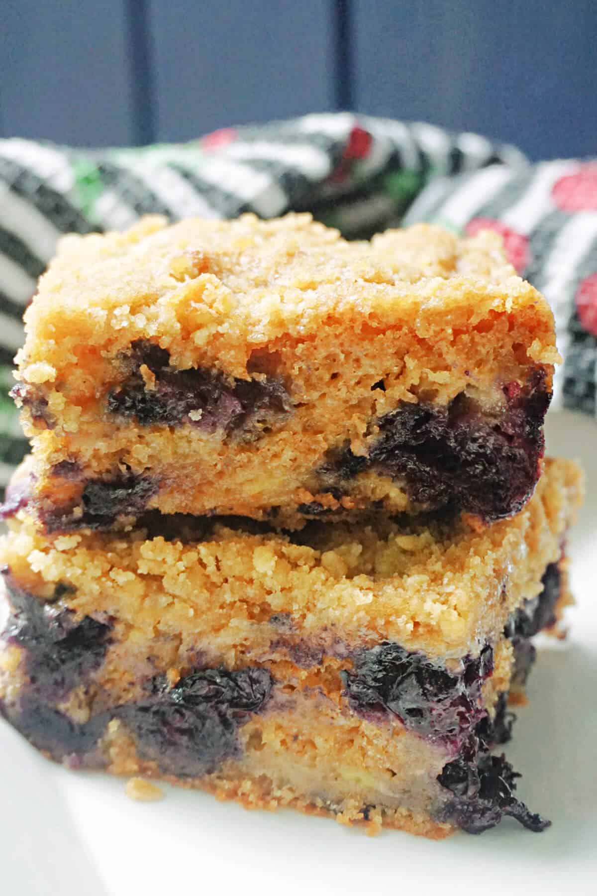 A stack of 2 slices of banana and blueberry cake on a white plate.