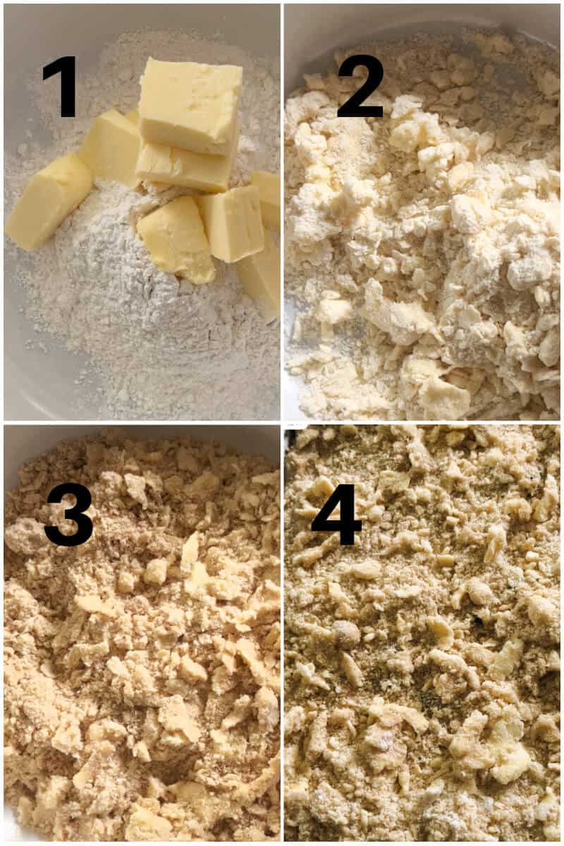 Collage of 4 photos to show how to make streusel topping.