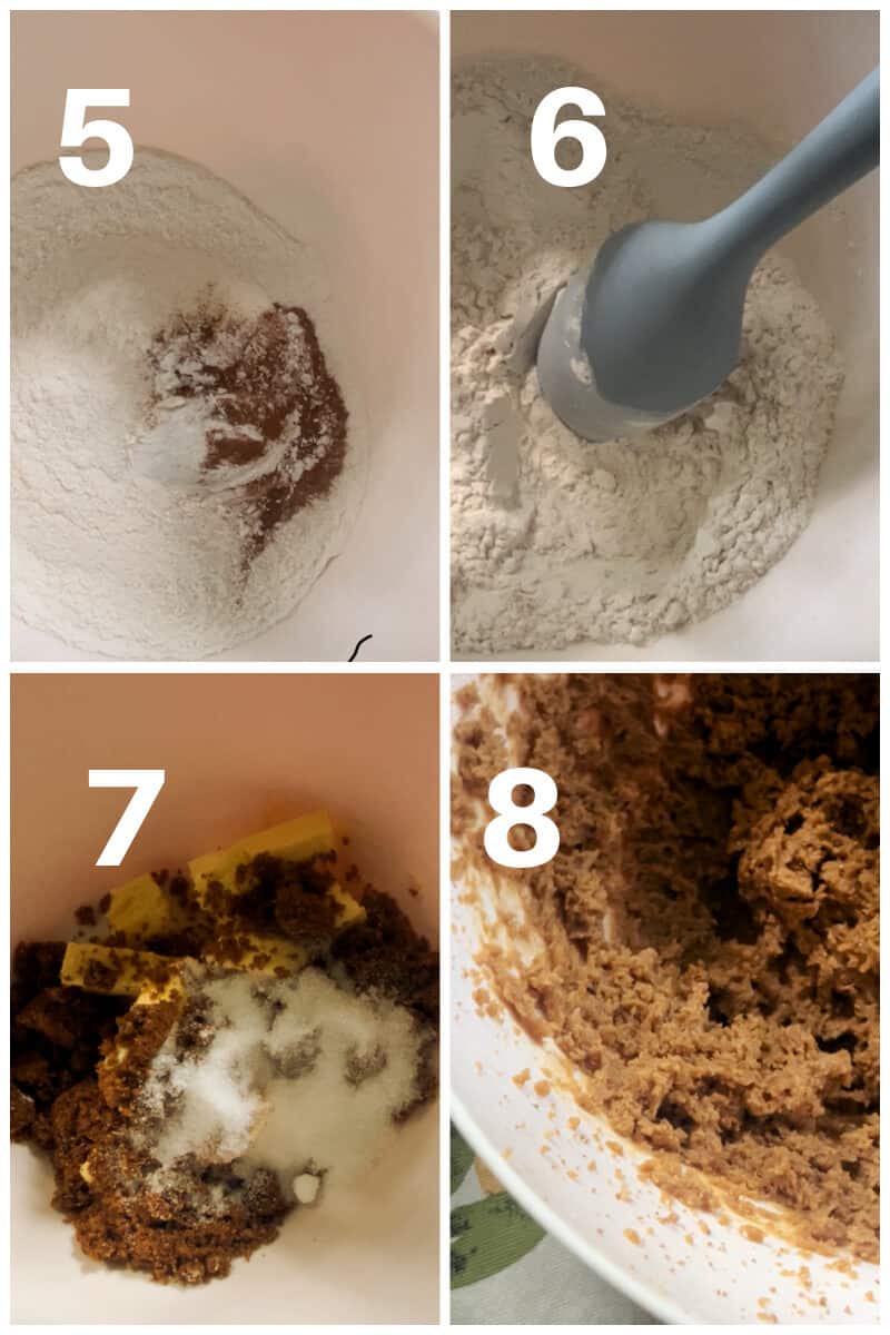 Collage of 4 photos to show how to make the sponge for the crumble cake.