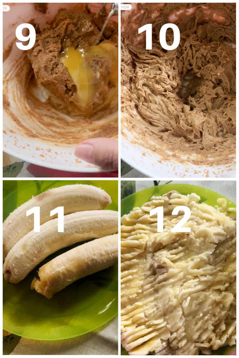 Collage of 4 photos to show how to make banana crumble cake.