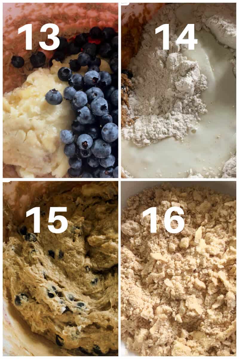 Collage of 4 photos to  show how to make blueberry banana bread cake with streusel topping.
