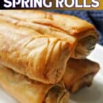 A pile of 4 spring rolls on a white plate.