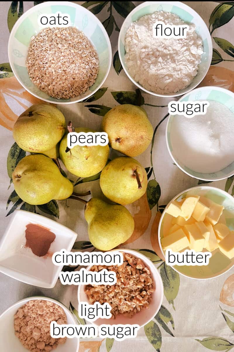 Ingredients used to make pear crumble.