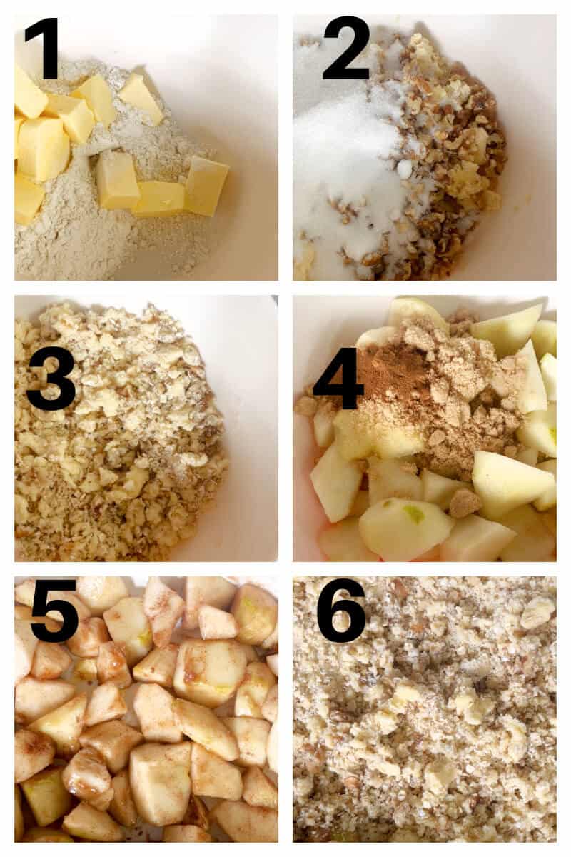 Collage of 6 photos to show how to make pear crumble.