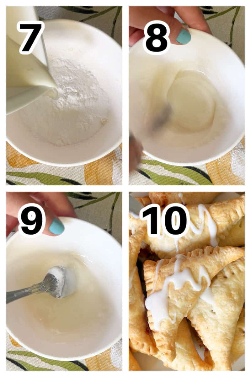 Collage of 4 photos to show how to make plum turnovers.