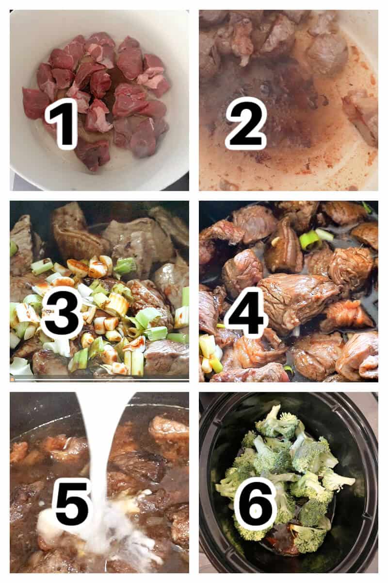 Collage of 6 photos to show how to make beef and broccoli in the slow cooker.