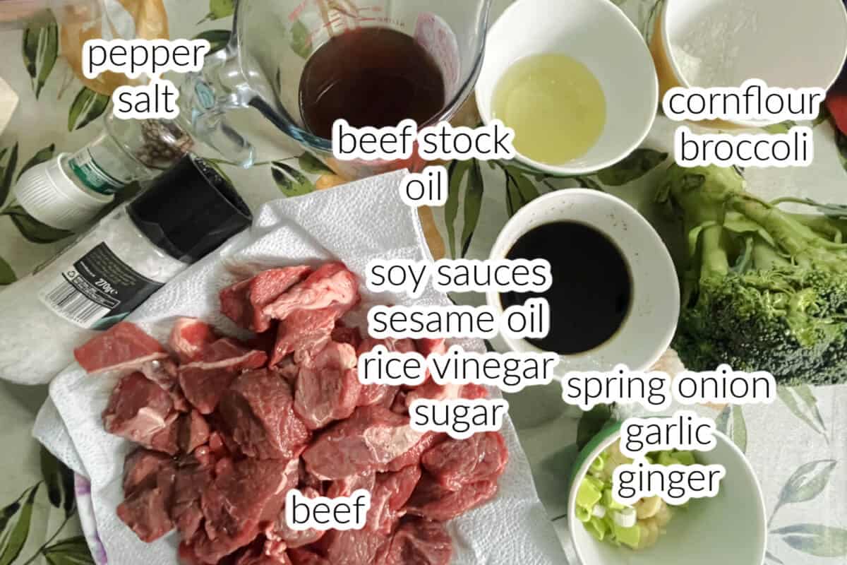 Ingredients used to make beef and broccoli in the slow cooker.
