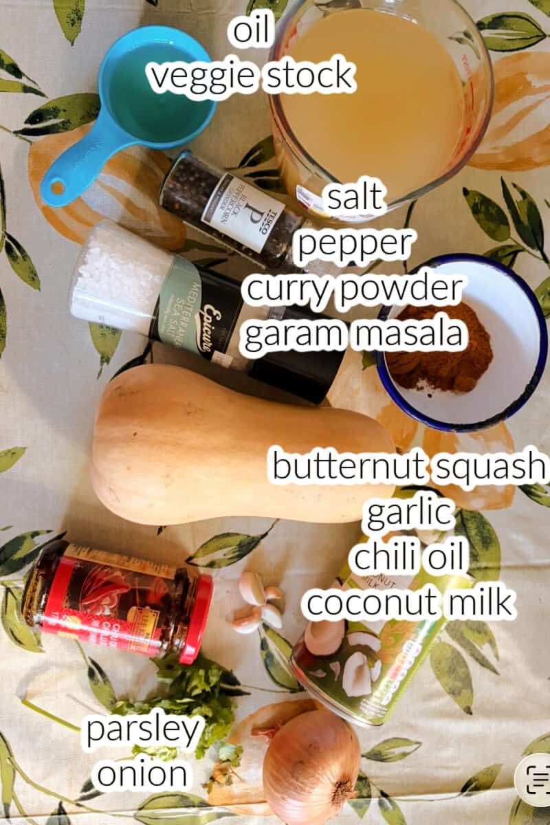 Ingredients used to make butternut squash soup.
