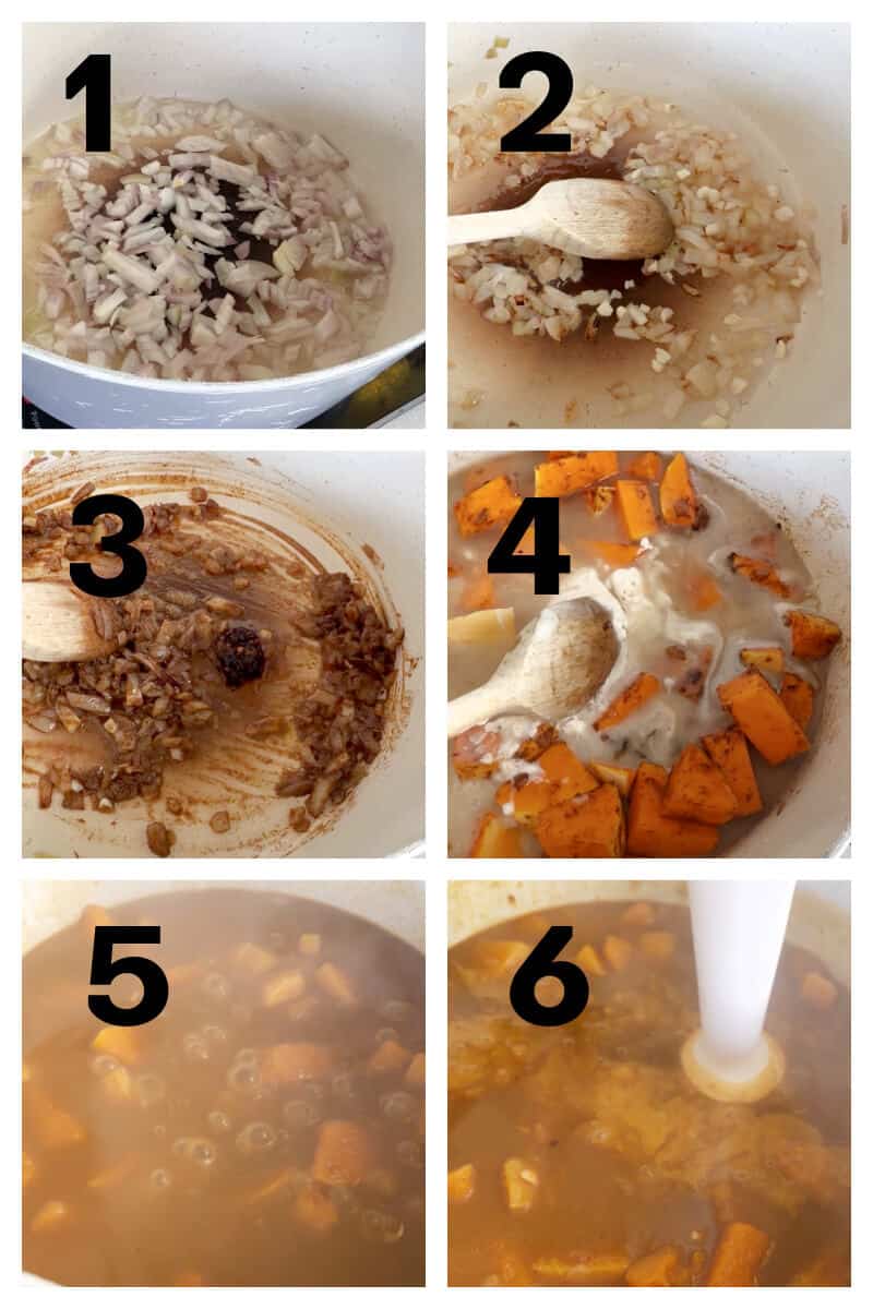 Collage of 6 photos to show how to make butternut squash soup.