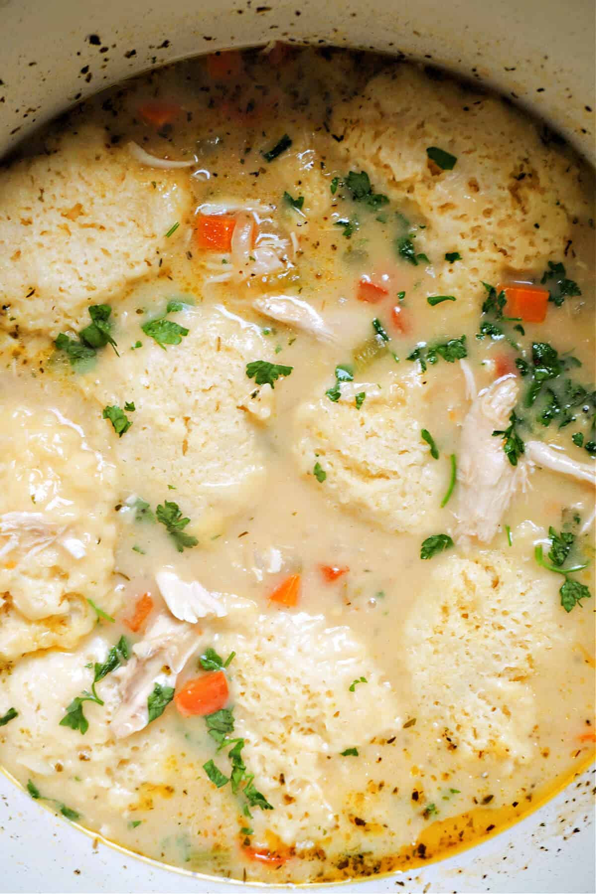 A pot with chicken soup and dumplings garnished with chopped parsley.