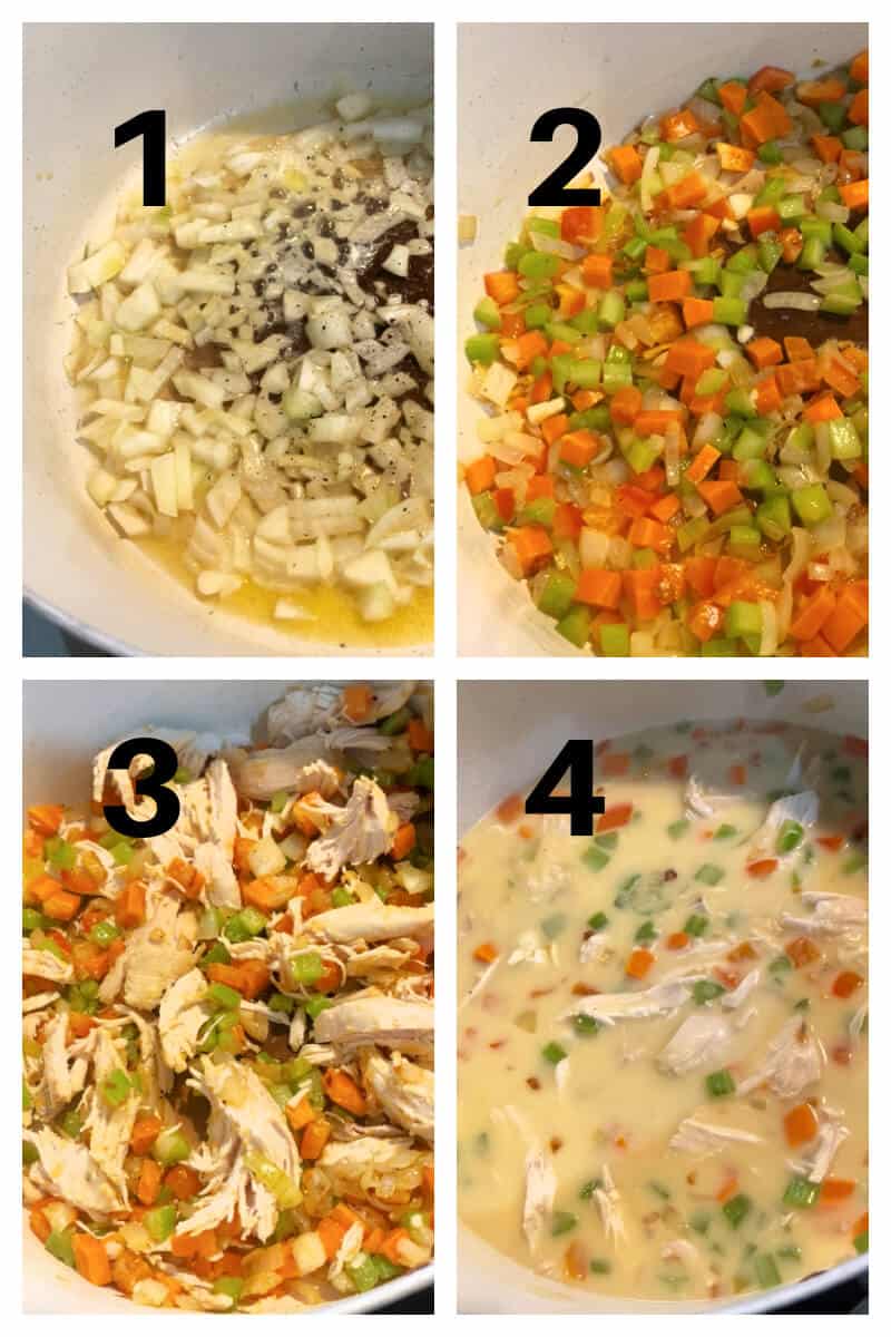 Collage of 4 photos to show how to make chicken soup.