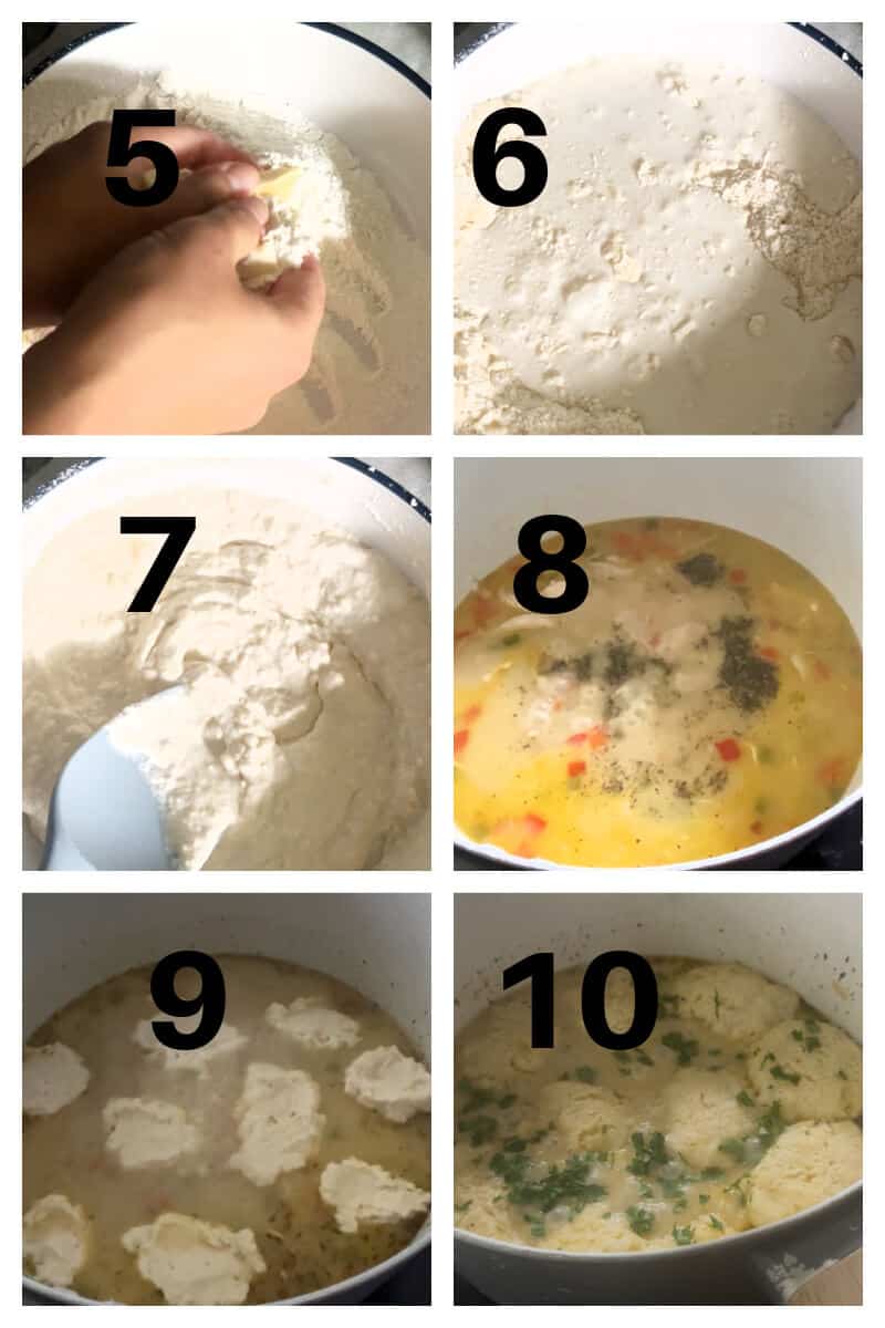 Collage of 6 photos to show how to make dumplings for the soup.
