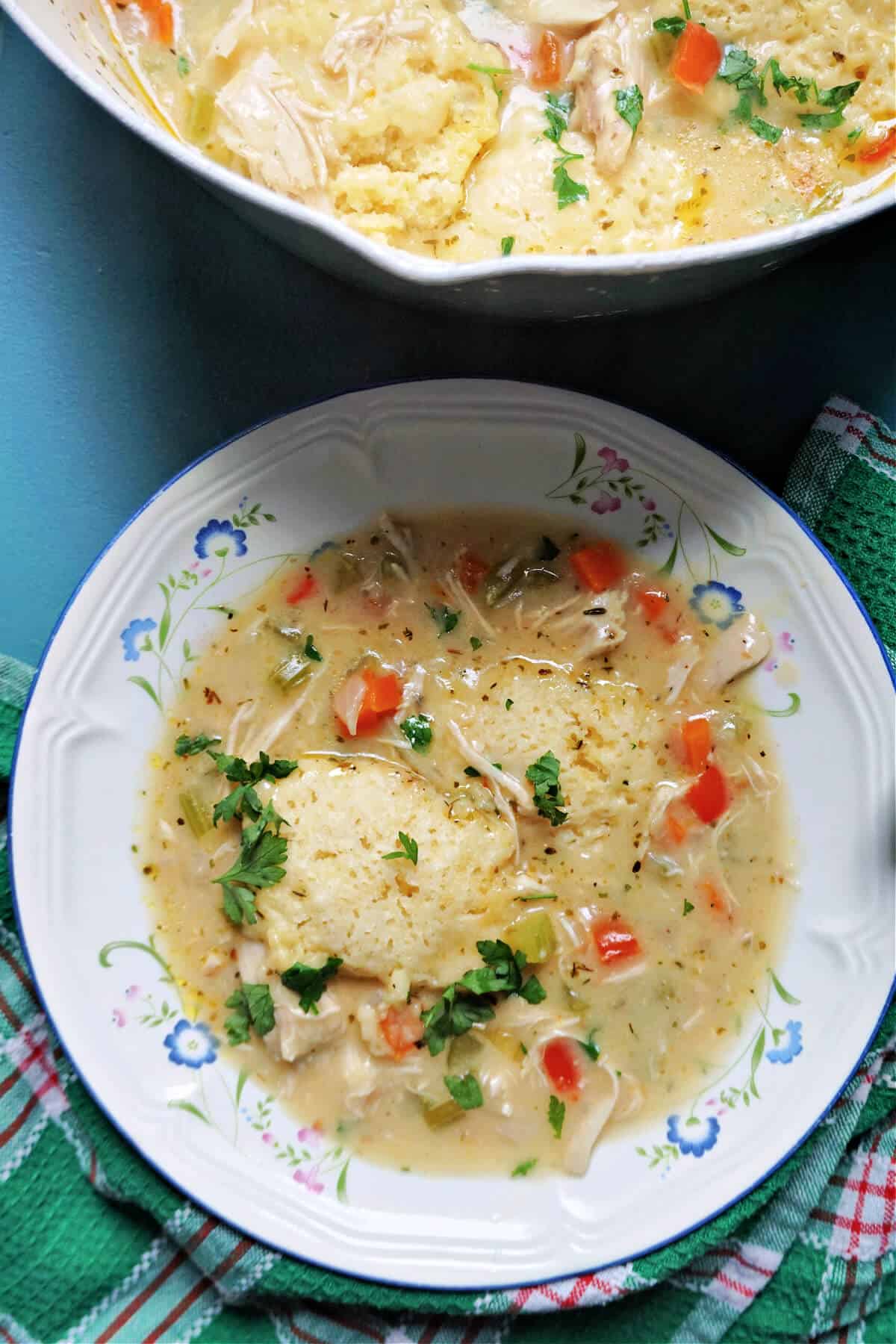 A serving plate with a portion of chicken and dumpling soup and a partially-visible pot with more soup.