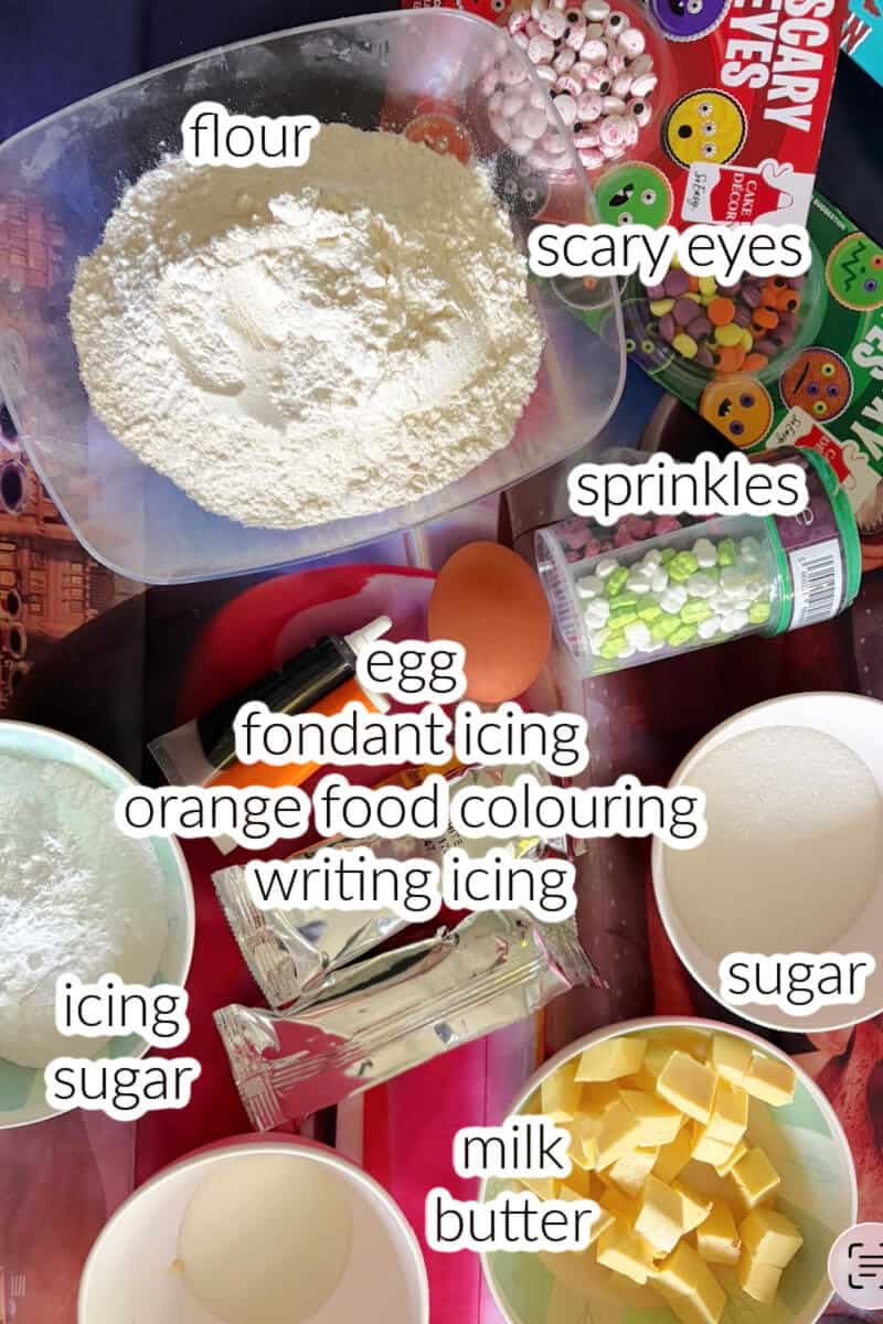 Ingredients used to make  sugar cookies for Halloween.