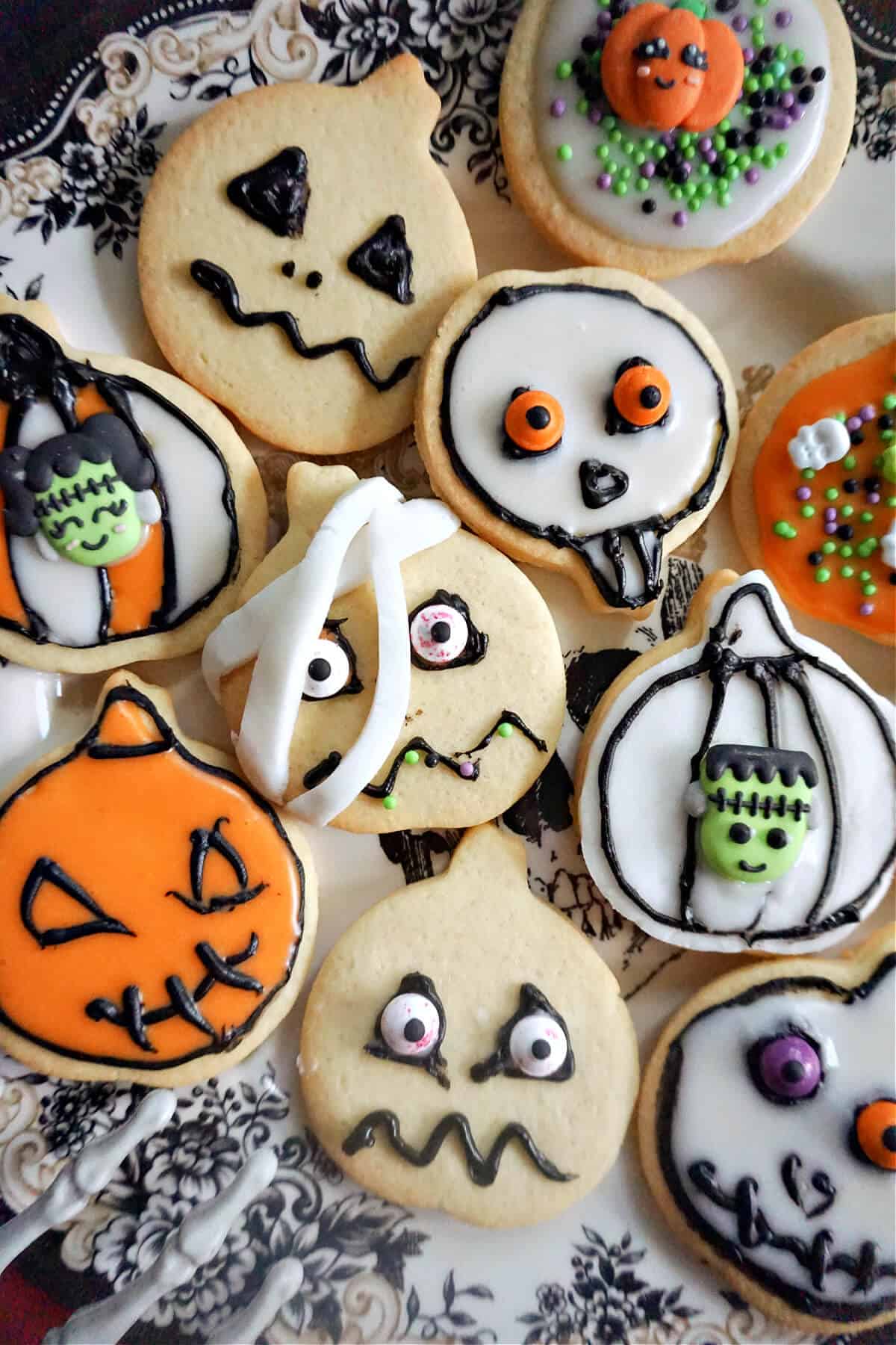 Close-up of Halloween cookies on a plate.