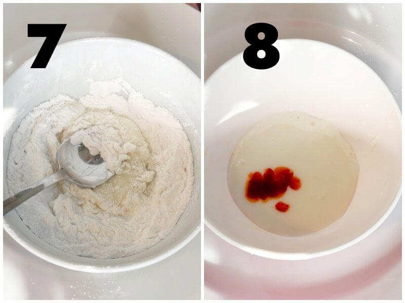 Collage of 2 photos to show how to make icing for Halloween cookies.