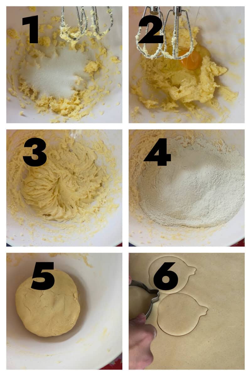 Collage of 6 photos to show how to make sugar cookies.