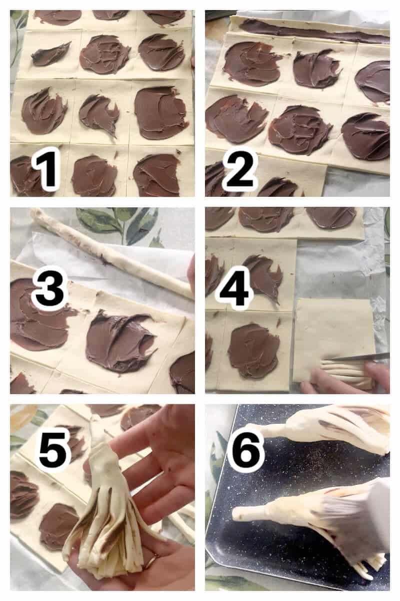 Colage of 6 photos to show how to make witches' brooms with puff pastry and nutella.