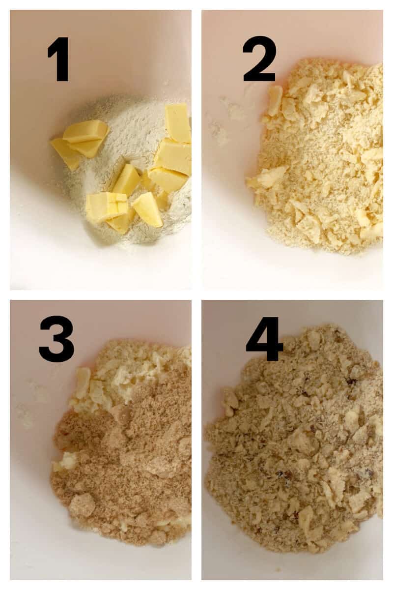 Collage of 4 photos to show how to make pecan crumble topping.