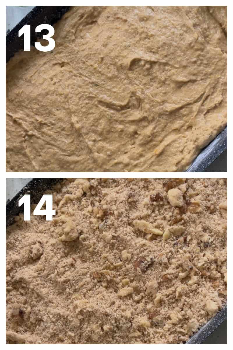 Collage of 2 photos to show how to top the pumpkin sponge with pecan crumb topping.
