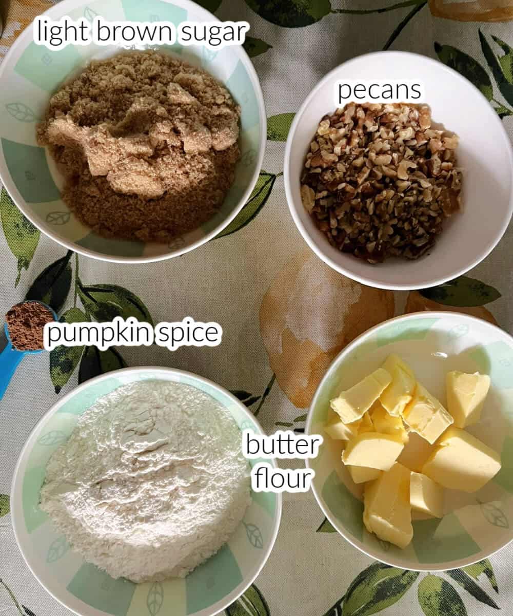 Ingredients used to make pecan crumb topping.