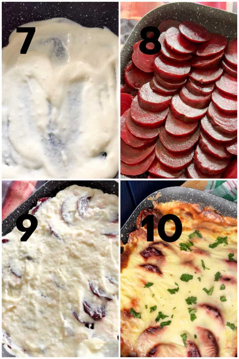 Collage of 4 photos to show how to make beetroot gratin with sauce.