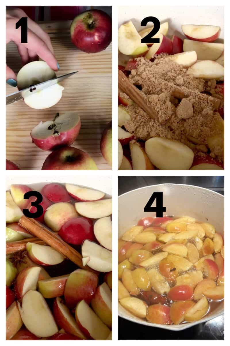 Collage of 4 photos to show how to make apple cider.