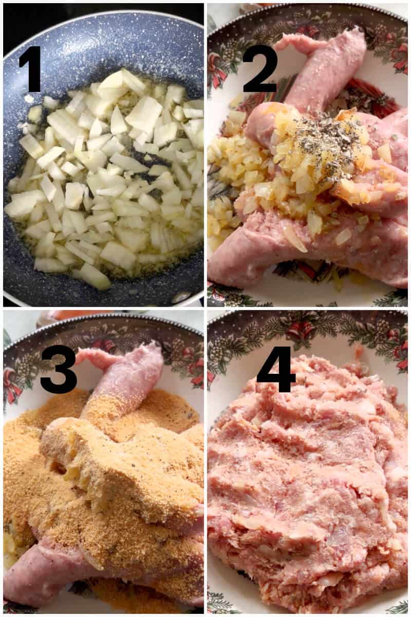 Collage of 4 photos to show how to prepare the stuffing for the turkey roulade.
