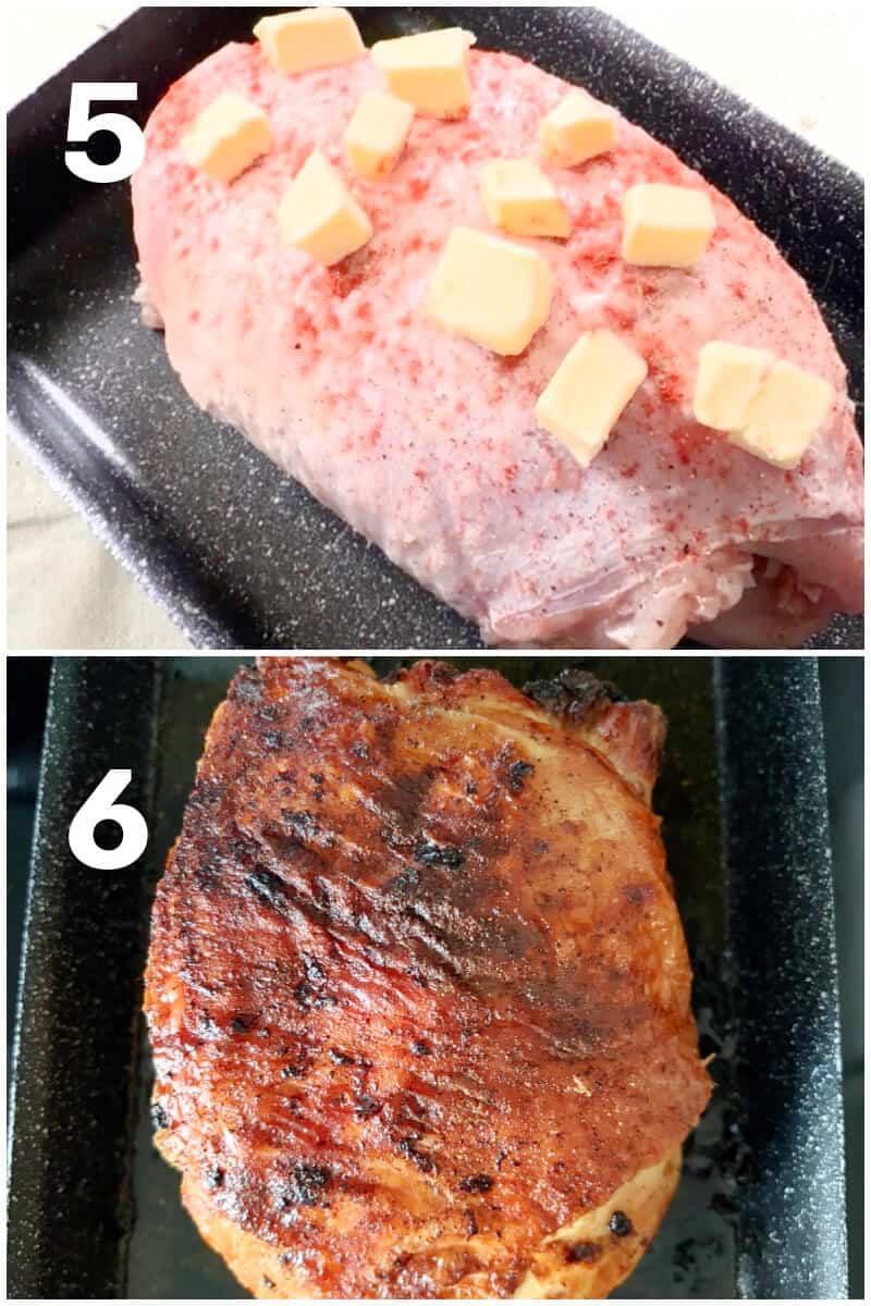 Collage of 2 photos to show how to make turkey roll.