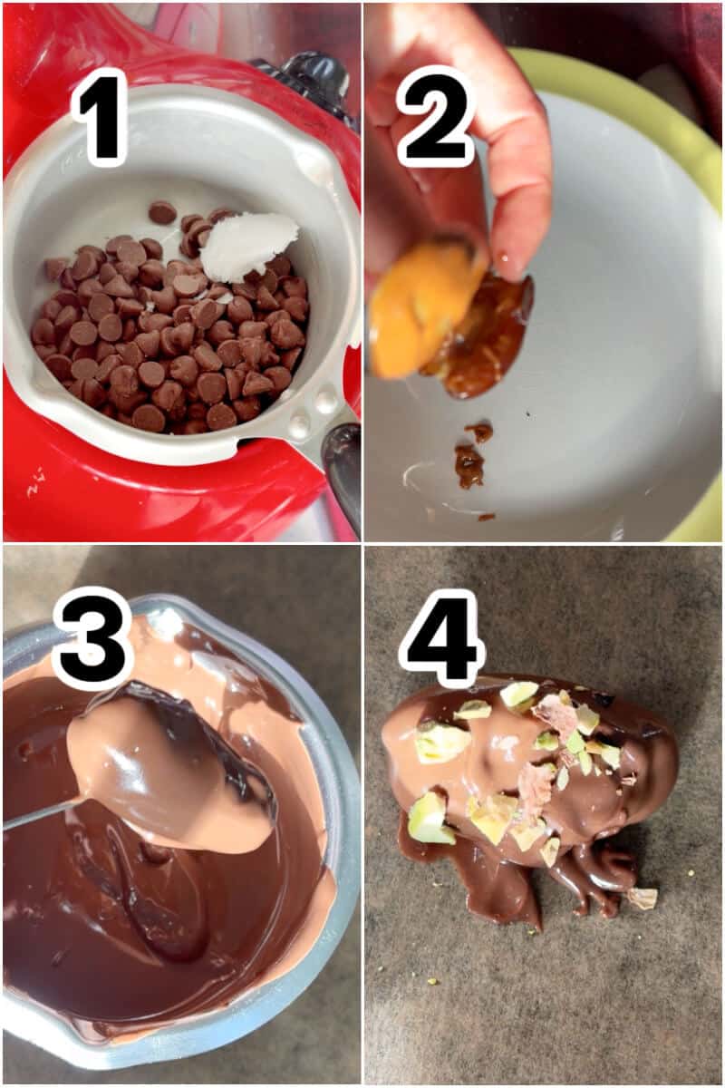 Collage of 4 photos to show how to make chocolate-covered dates.
