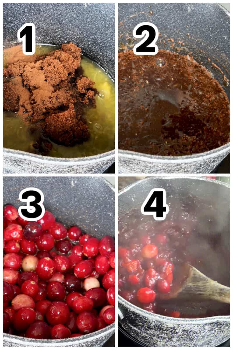 Collage of 4 photos to show how to make cranberry sauce.