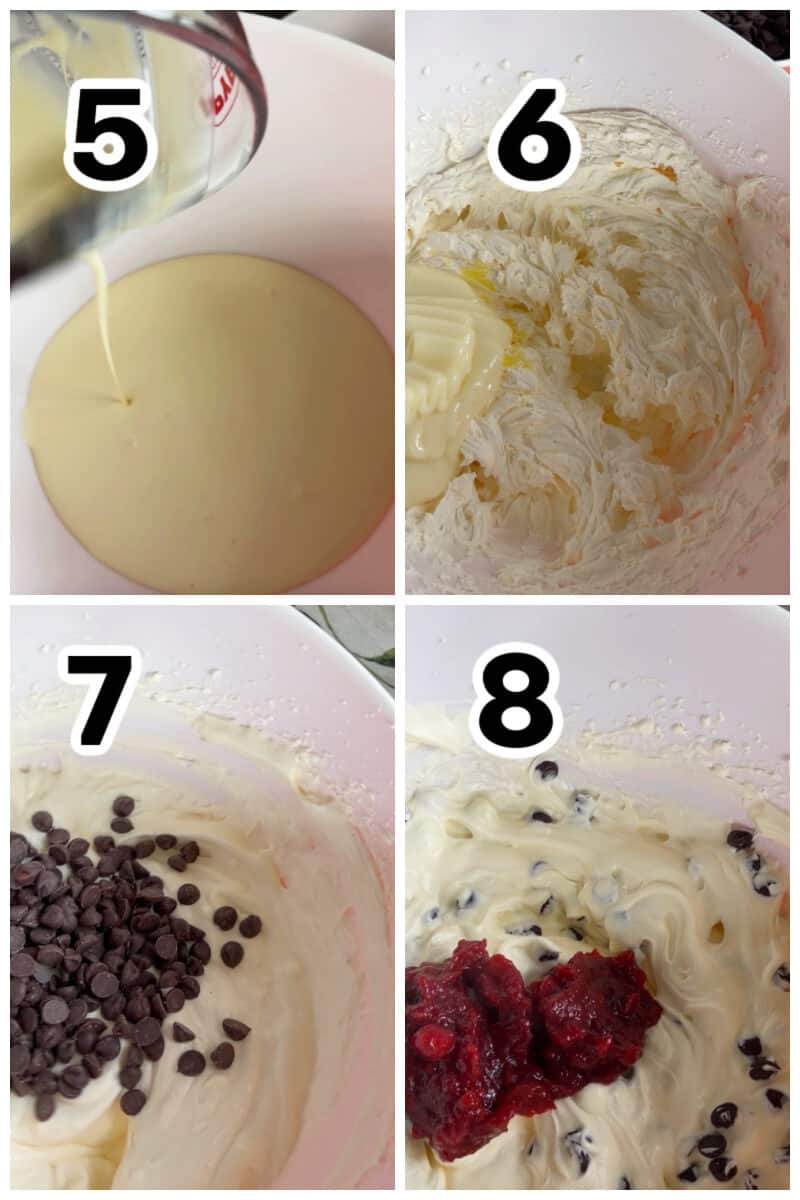 Collage of 4 photos to show how to make cranberry ice cream.