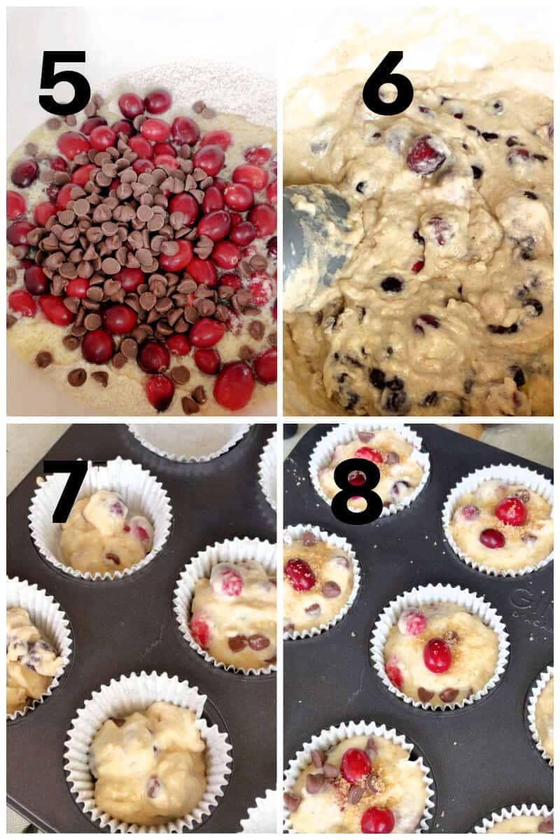 Collage of 4 photos to show how to make cranberry chocolate chip muffins.