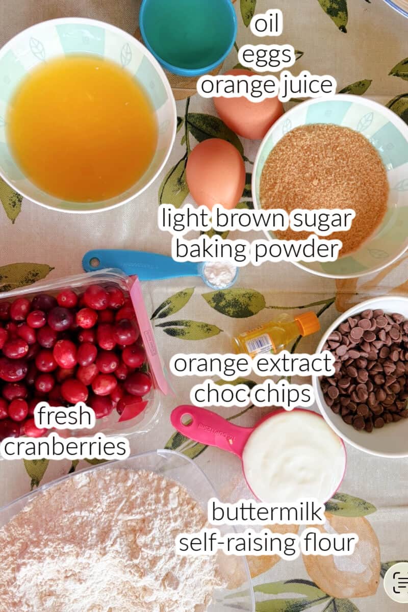 Ingredients used to make cranberry and orange muffins.
