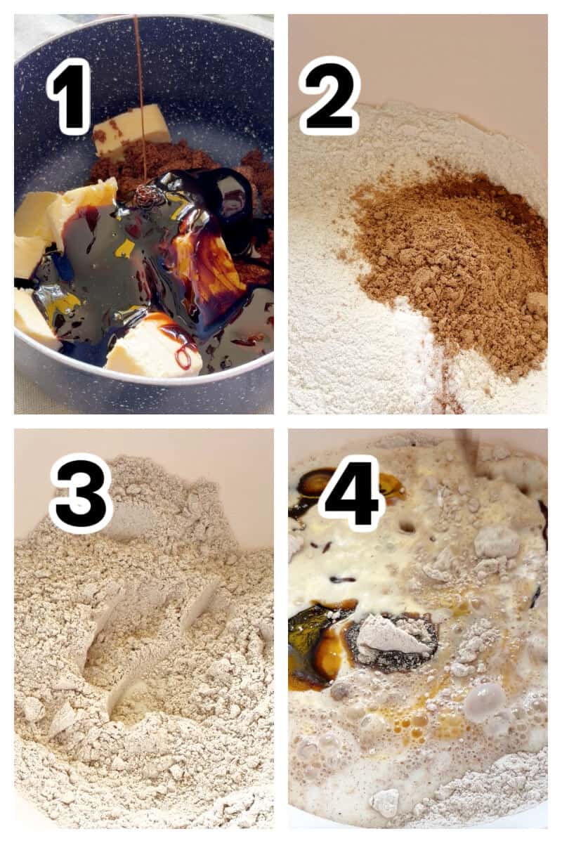 Collage of 4 photos to show how to make gingerbread.