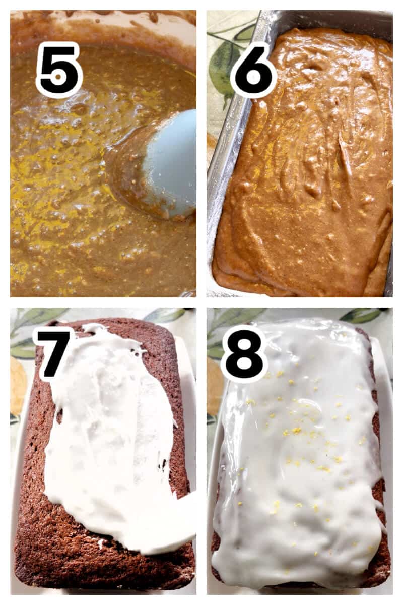 Collage of 4 photos to show how to make gingerbread loaf cake.