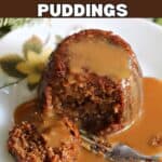 A plate with a mini sticky toffee pudding with sauce poured over it and a fork cutting through it.