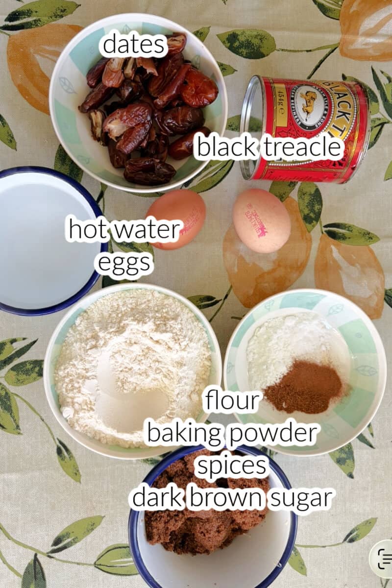 Ingredients used to make sticky toffee pudding.