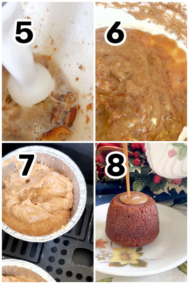 Collage of 4 photos to show how to make sticky toffee puddings in the air fryer.
