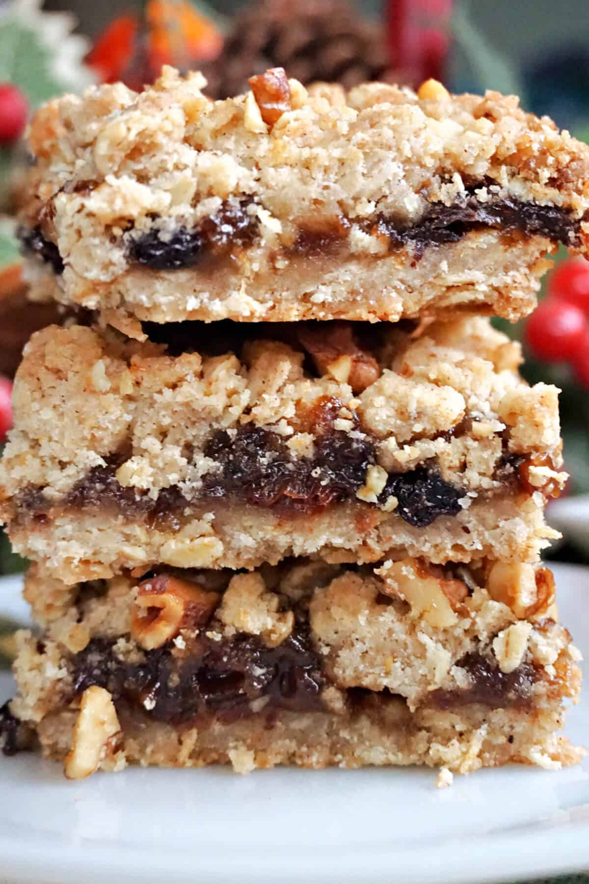 A stack of 3 mincemeat crumble bars.