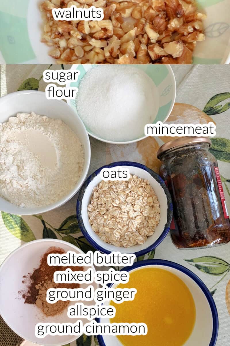Ingredients used to make mince pie crumble bars.
