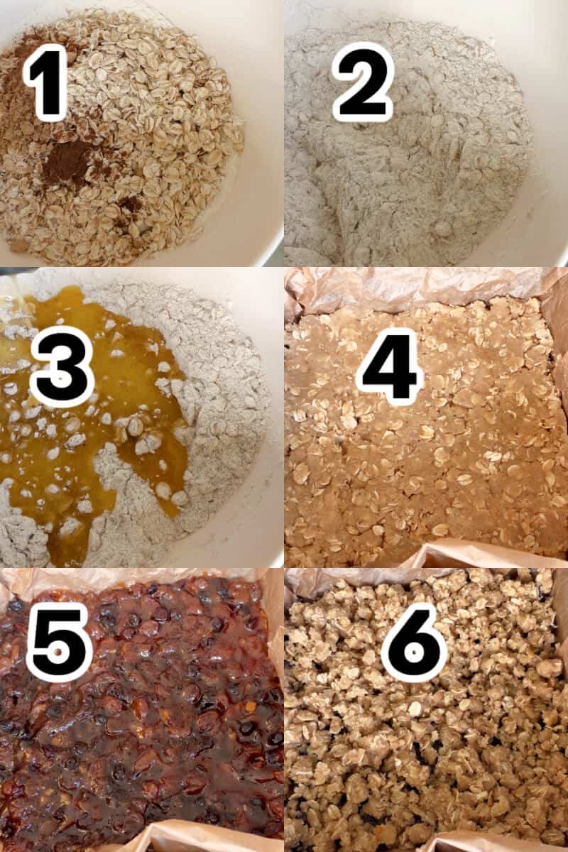 Collage of 6 photos to show how to make mince pie crumble bars.