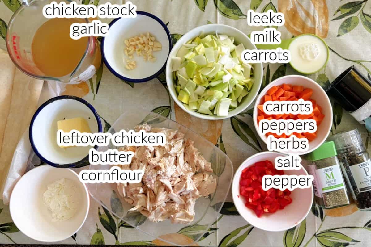 Ingredients used to make mini pies with chicken and leeks.